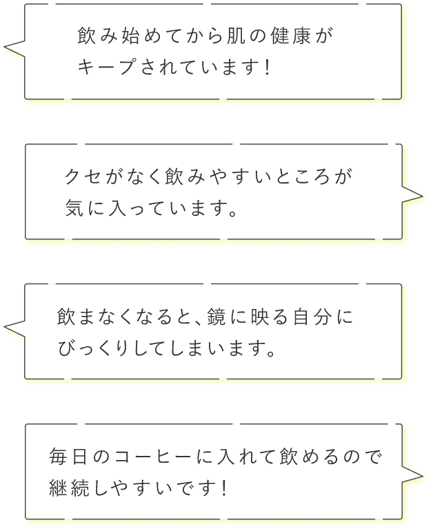 「飲み始めてから肌の健康がキープされています！」「クセがなく飲みやすいところが気に入っています。」「飲まなくなると、鏡に映る自分にびっくりしてしまいます。」「毎日のコーヒーに入れて飲めるので継続しやすいです！」